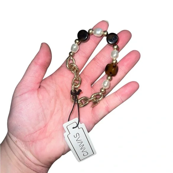 ✅Canvas Stretch Loraine Chain Bracelet Tortoise Shell n Pearl - Picture 2 of 4